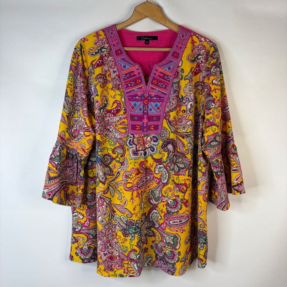 Calessa Tunic Women 1X Yellow Paisley Embroidered Bell Sleeve Boho Top